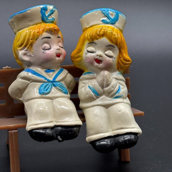 Vintage Salt and Pepper Shakers Sailors Girl Boy Plastic Uniform on Bench Stand - Picture 2 of 6